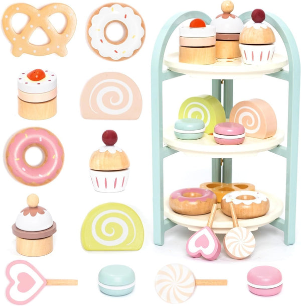 UMU Wooden Dessert Playset Pretend Play Kitchen Toy with Stand, Cupcakes, Donuts,