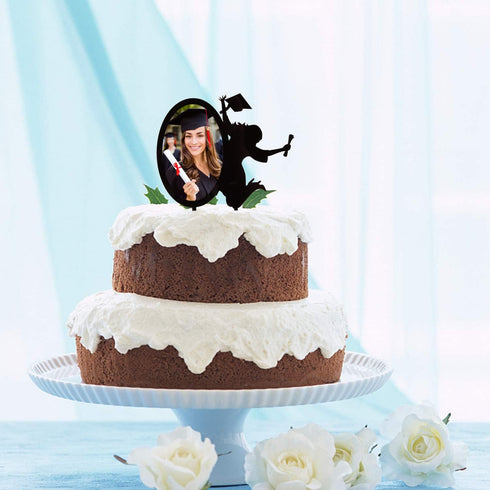 Congrats Grad 2025 Cake Toppers - Black Acrylic Photo Frame Cake Topper for Class of 2025 Graduate Party Supplies