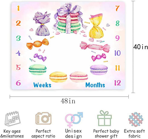 Desserts Baby Monthly Milestone Blanket, 48x40in Macaron Cake Blanket Candy Sweets Chocolate for Girl Nursery Newborn Baby Shower,Baby Growth Chart Photography Blanket BTLSME116 by MTMETY