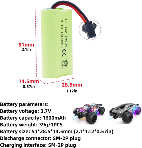 Fytoo 2PCS 3.7V 1600mAh Li-ion Battery with SM-2P Plug & 2PCS USB Charging Cable for 9962 8837 RC Toy Car