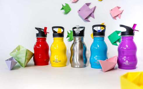 Kids Water Bottle with Straw & Handle, 12 oz Red, Eco Friendly Toddler Cups, Leak Proof Lid