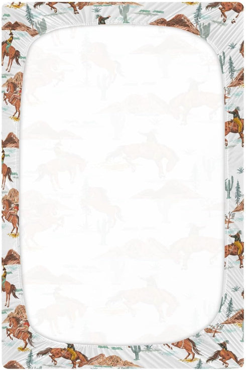 CHUROUSY 28x52 Inch Western Cowboys Crib Sheets for Boys Girl Vintage Desert Cactus Cowboy Wildlife Fitted Mattress