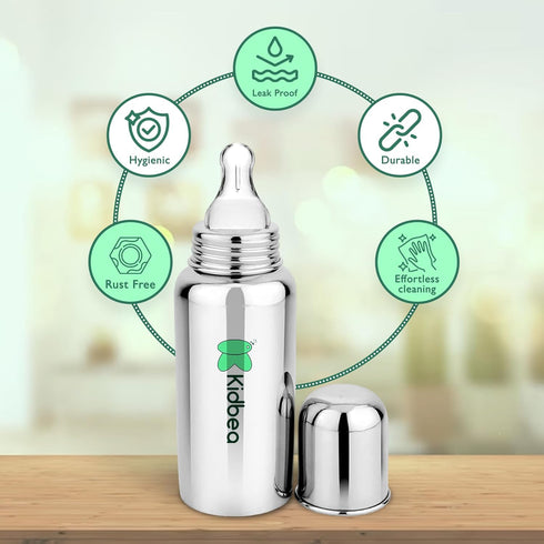 1 (250 ML) Kidbea Stainless Steel Infant Baby Feeding Bottle, BPA Free, Anti-Colic, Plastic-Free, Medium-Flow X Nipple