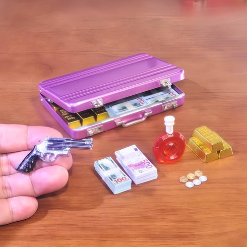 EKKZ 1:6 Set $100 Scale Miniature Briefcase - Includes Fake Gold Bars, Bundles of Mini Dollar Bills, Vintage Coins