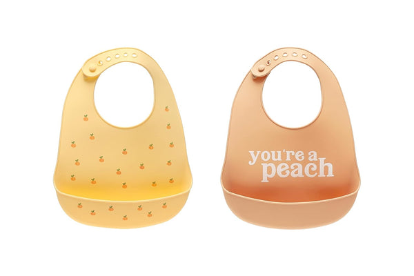 Pearhead Silicone Bib Set of 2 - Dishwasher Safe Bibs with Food Catcher, Earth Tone Baby Feeding Accessory