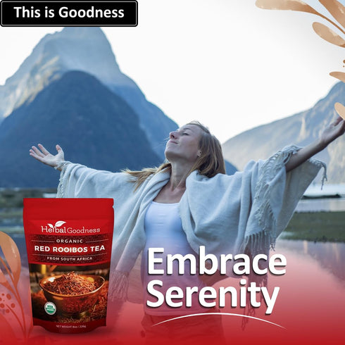 Rooibos Tea Organic - Caffeine Free Tea, Rich in Antioxidant, Herbal Tea Bags, USDA Organic, Non-GMO Premium Red Rooibos Tea Sourced from South Africa - 8oz Pouch - Herbal Goodness