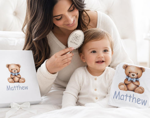 Set Engraved Silver-Plated Bear Brush & Comb Newborn Grooming Kit, Soft Bristle Hairbrush, Custom Baby Keepsake Gift