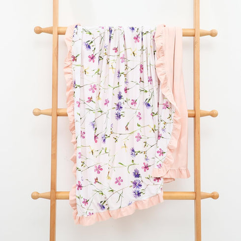 runzhuoyang 40x33 Rayon Made from Bamboo Baby Blanket for Girls, Purple Floral Print, Ruffle Trim, Soft and Comfy, Size