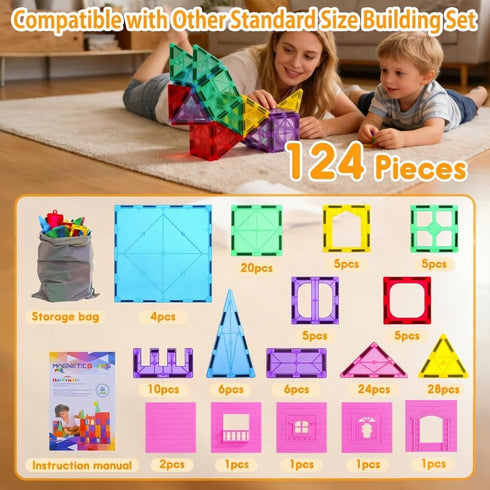 124PCS, 4 Set Upgraded Antibacterial Magnetic Tiles Including Large Square Tiles, Magnetic Building Blocks, Inhibits