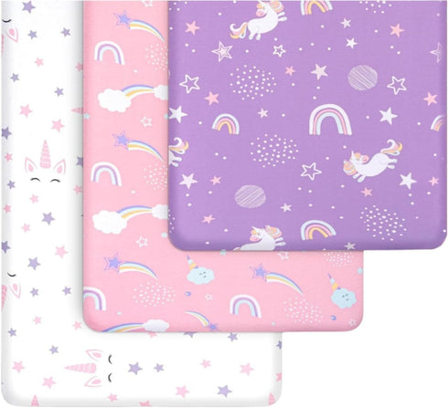 (3 Pack) Set GROW WILD Unicorns & Rainbows Fitted Crib Sheets Girl - Soft Jersey Cotton Fitted Sheet, Toddler Bed