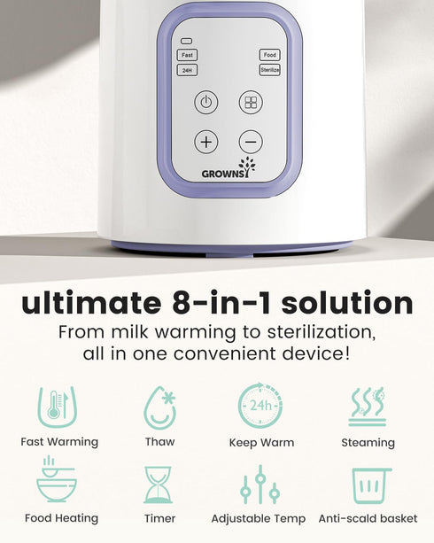8-in-1 Grownsy Bottle Warmer, Fast Baby Bottle Warmer for Breastmilk or Formula, Smart Temperature Control
