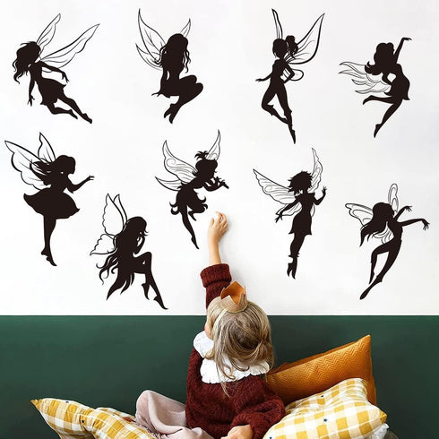 Black Fairy Girls Room Wall Decal, Cute Fairy with Large Wings Silhouette Stickers for Baby Nursery Kids Bedroom Decor