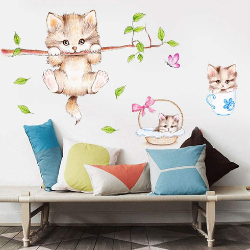 Kiddale Cute Cat Wall Decals - Removable Cat Tree Branches Butterfly Wall Stickers for Kids Rooms Nursery Decoration