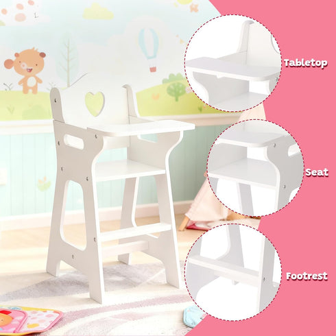 PHOKID 18 Inch 3+, 18" Doll High Chair for Pretend Play - Wooden Doll Furniture with Safety Belt, Footrest & Flower