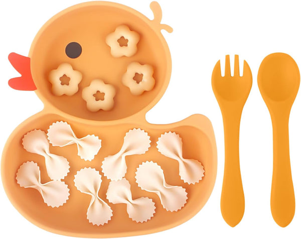 Powerful Suction Plates for Baby and Toddler, Divided Plate, Thanksgiving Plates with Fork & Spoon, Duck Baby Plate,