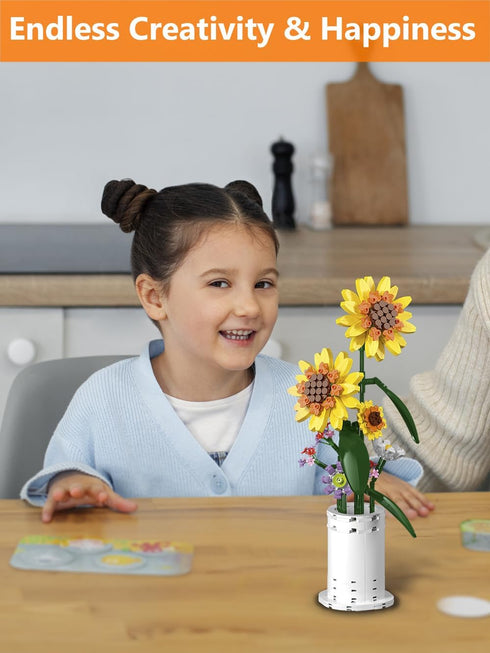 AMSHINE Set, Sunflower Bouquet Building Block Flower with Vase Building Toys, Home Garden Office Decorations and Party