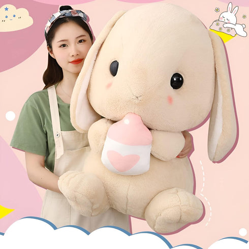 HOUPU 12.5 Inch Soft Toy - Sitting Lop Eared Rabbit with Carrot, Realistic Pink Plush Bunny