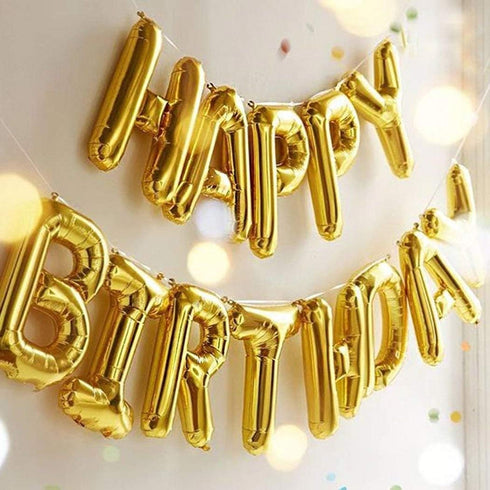 TONIFUL 3D Gold Happy Birthday Banner with Ribbon Straw, 16 Inch Mylar Foil Letters for Kids & Adults Birthday Supplies