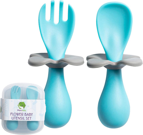 Mars Baby Flower Design Self-Feeding Training Utensils for Toddlers, Easy to Hold Weaning Tools, Blue