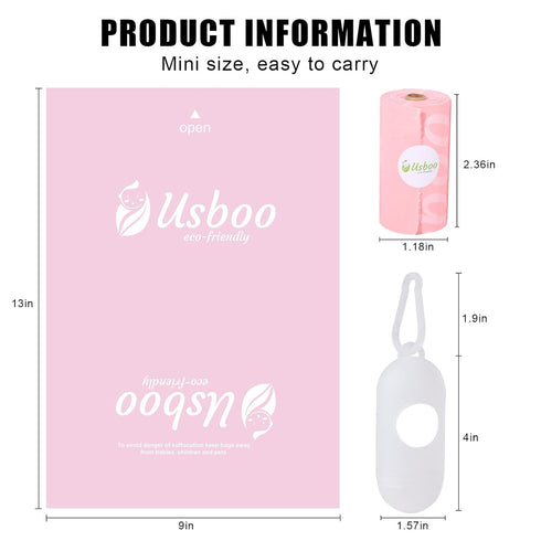 20 (300 Pack), USBOO Disposable Diaper Bags for Baby - Refill Rolls Disposable Trash Bag with Dispenser - Cherry