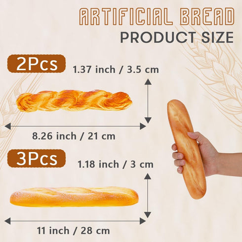 Yatinkim 5pcs Set Fake Bread Artificial French Bread for Display Faux Loaves Food Decoration Realistic Twist Baguette