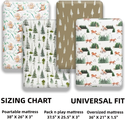 4 Pack N Play Sheets Woodland Forest Animals, Fitted Baby Sheets for Standard Pack and Plays and Mini Cribs