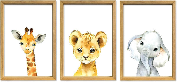 YWJKWLGS Safari Nursery Wall Art Set of 3, 11x16 Inch Natural Wood Framed