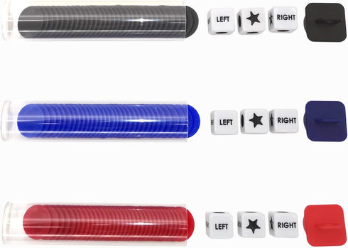 Left Right Center Dice Game Prime Set Bundle with 3 Dices + 36 Chips, Convenient Round Tube Storage