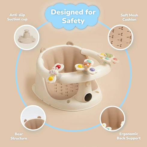SEKI 6 Baby Bath Seat For Babies Months & Up With Built-in Thermometer, Strong Suction Cups & Interactive Toys