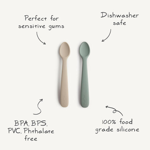 mushie Silicone Baby Feeding Spoons, 2 Pack (Dried Thyme/Natural)