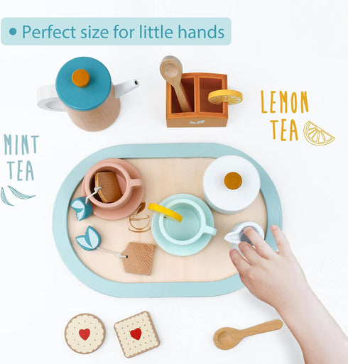 Set Set PairPear Wooden Tea for Little Girls, Wooden Toys Toddler Tea Play Kitchen Accessories for Kids Tea Party