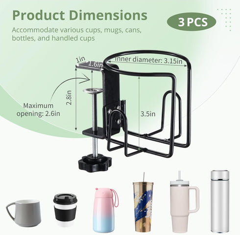 2 Pcs Desk Cup Holders, Anti-Spill Clamp-on Drink Mounts for Table, Adjustable Coffee Bottle Racks for Desks, Tables