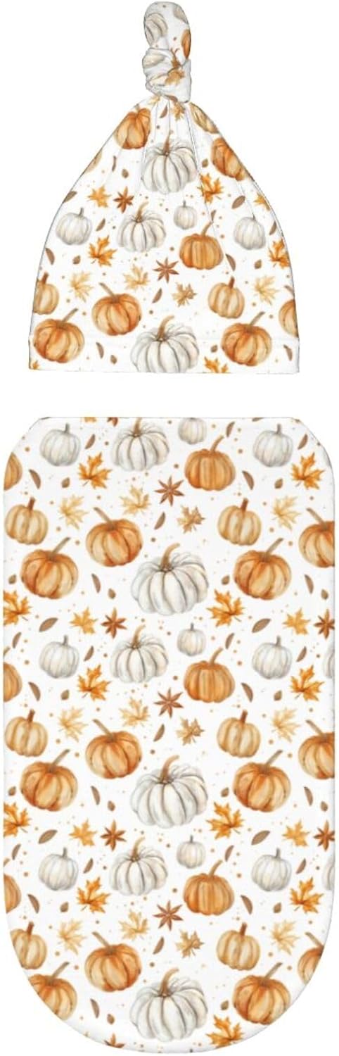 Sets Pumpkins and Anise Stars Newborn Swaddle Blankets Hat Soft Baby Receiving Blanket Swaddle Sack for Baby Shower