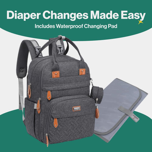 BabbleRoo Diaper Bag Backpack - Waterproof Multi-Function Baby Tote with Changing Pad