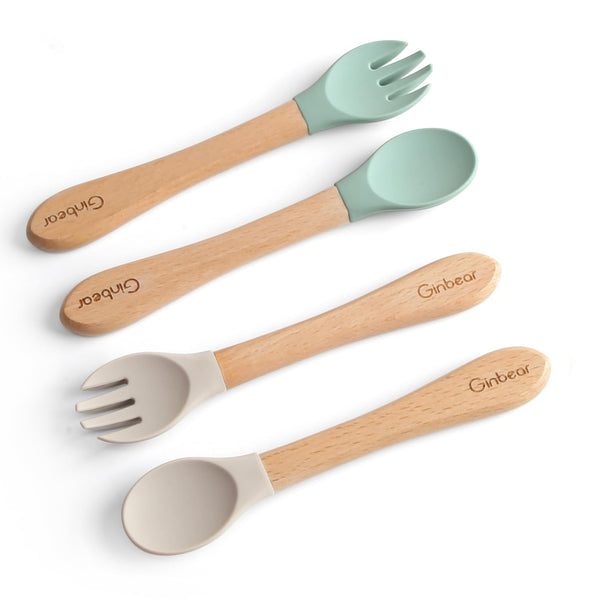 Ginbear Silicone Baby Spoon and Fork Set for Self-Feeding, Toddler Flatware 6 Months+ (Hazy Green/Almond)