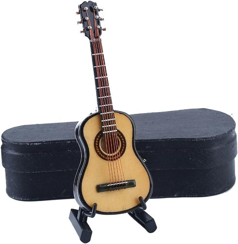Dselvgvu Wooden Miniature Guitar with Stand, Classic Model for Dollhouse Decoration, 3.94"x1.42"x0.59"