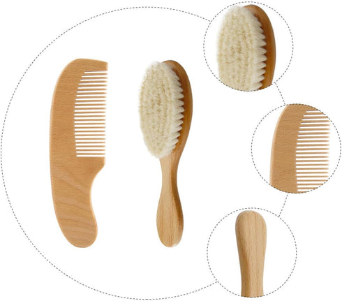 Set 2pcs Set ERINGOGO Bath Comb and Head Massage Brush for Newborns, Natural Wool Bristles with Wooden Handle, Scalp