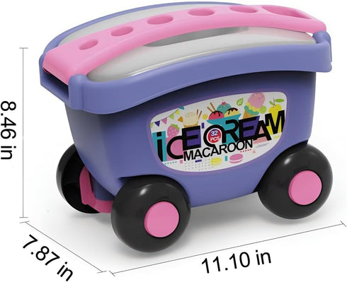 32 PCS Ice Cream Cart Toys for Toddlers - Pretend Play Food Scoop & Serve Macaroon Dessert Set