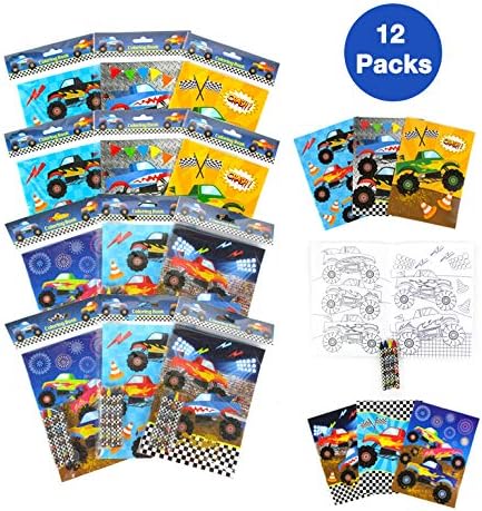 Set 12 48 TINYMILLS Monster Truck Coloring Book with Coloring Books and Crayons Monster Truck Birthday Party Supplies