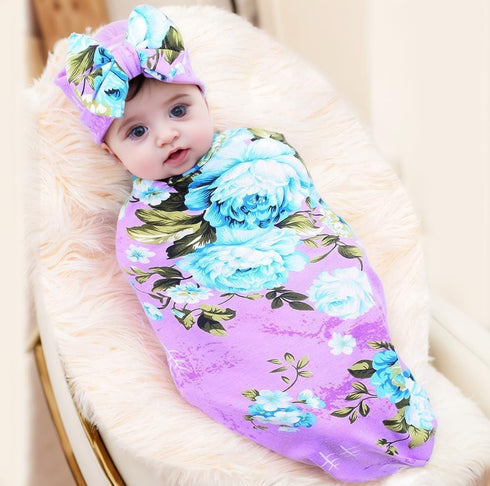 Galabloomer Newborn Baby Sleep Receiving Blanket and Bow Headband Set, Baby Swaddle Blanket