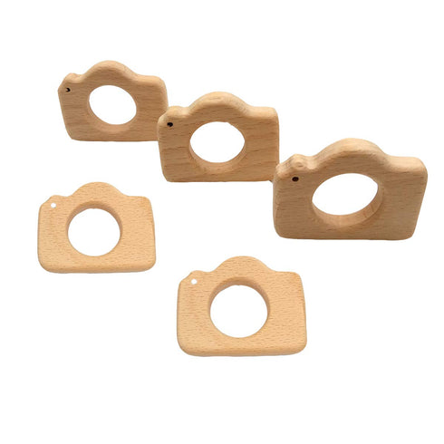 10pcs Lovely Cartoon Wood Camera Teether, Pure Natural Animal Shape Beech Wooden Teething Toys