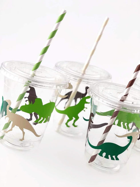 Dinosaur Birthday Cups, Kids Party Supplies, Birthday Favor Cups, Plastic Disposable Cups with Lids and Straws, Set of