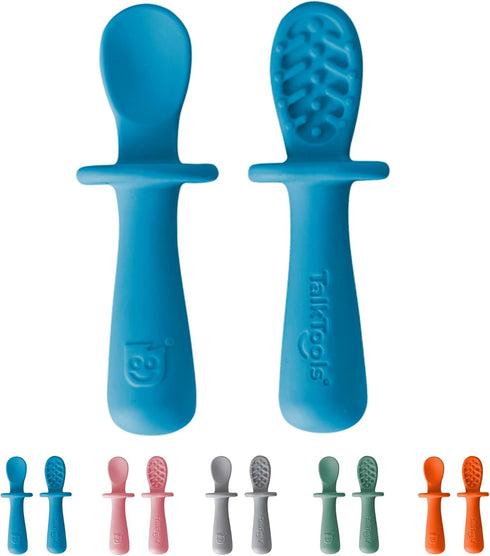 TalkTools ITSY Tiny Silicone Spoons Twin Pack - Soft Self-Feeding Training Spoons for Kids & Toddlers (Ocean)