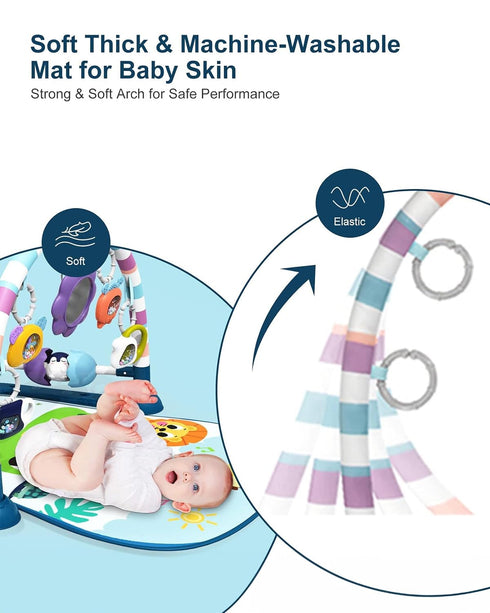 dearlomum Baby Play Mat Baby Gym, Funny Play Piano Tummy Time Activity Mat with 5 Sensory Toys, Music & Lights, New Blue