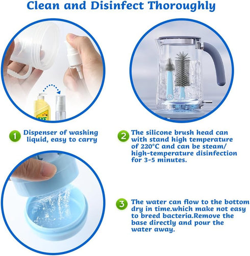 Travel Bottle Cleaner Kit - Portable Baby Bottle Brush Set with Silicone Cleaning Brush and Drying Base
