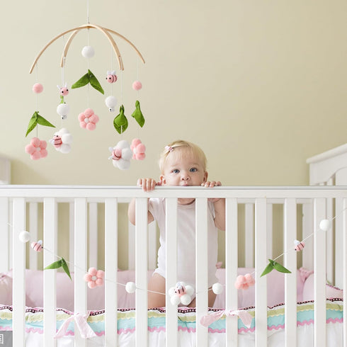 Set Baby Mobile for Crib, Crib Nursery Mobile for Boys Girls, Boho Bee Flower Nursery Decor Soothe Toy Baby Shower