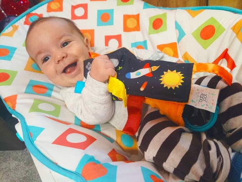 Baby Sensory Security & Teething Closed Ribbon Tag Lovey Blanket with Minky Dot Fabric, 14X18 (Outer Space)