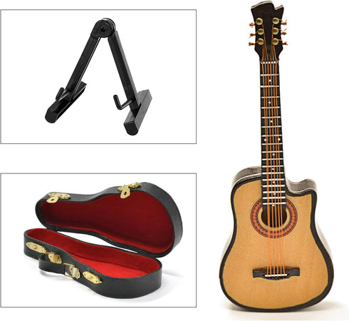 Miniature Guitar with Stand and Case - Mini 6 Strings Acoustic Cutaway Guitar Model for Home Decoration (Wood)