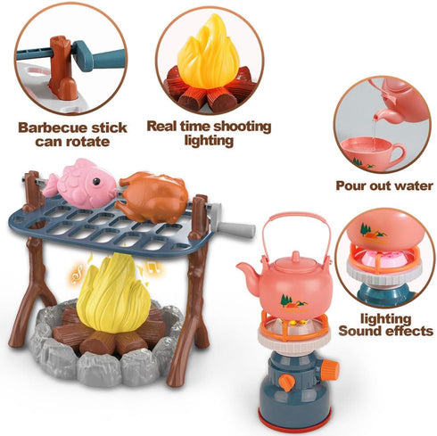yoliyogo Set 45pcs 3+ Pretend Play Campfire Toy with Realistic BBQ Accessories,Fake Grill Foods,Tea Pots etc,Simulate