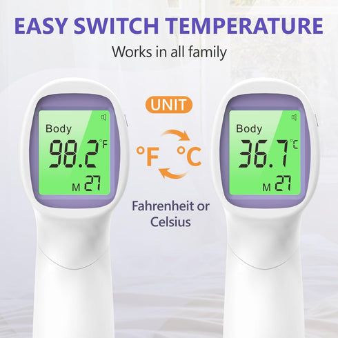 No-Touch Forehead Thermometer for Adults and Kids, Digital with Fever Alarm, 3 Backlit, 32 Memories
